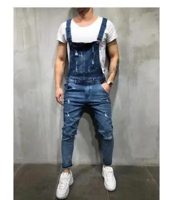 

2019 Summer one-piece Denim Overalls Men's Hole Sling jeans feet Nine pants More size S-4XL 5XL 6XL