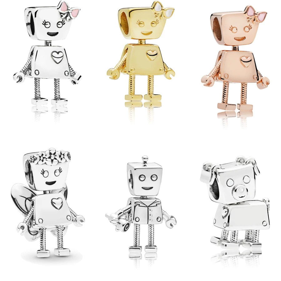 

Authentic 925 Sterling Silver Cartoon Cute Bella Bot Charm Robot Gold Pink Enamel Charm Bead Fit Original Europe Dangle Bracelet