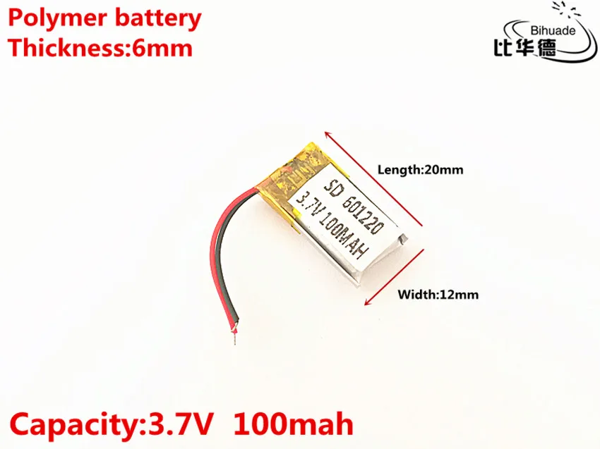 3,7 V, 100 mAH, 601220 полимерный литий-ионный/литий-ионная аккумуляторная батарея для игрушка, портативное зарядное устройство, gps, mp3, mp4