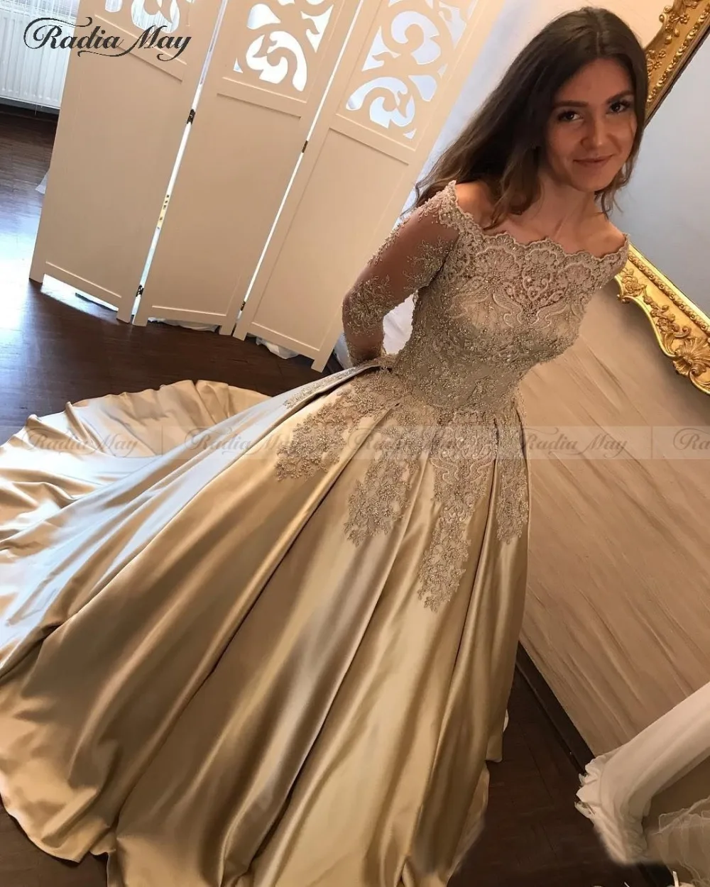 Элегантное платье с длинными рукавами, Золотое Пышное Платье, бальное платье, 15 платьев на день рождения, с аппликацией и вырезом лодочкой, милое платье на 16 лет