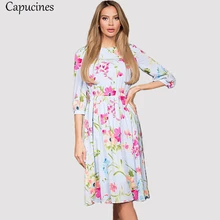 Nova Chegada 2018 Impressão Floral Vestido de Manga Lanterna Das Mulheres O Pescoço Casual Vestido de Verão Da Moda Senhora Do Escritório Trabalho Desgaste Vestidos