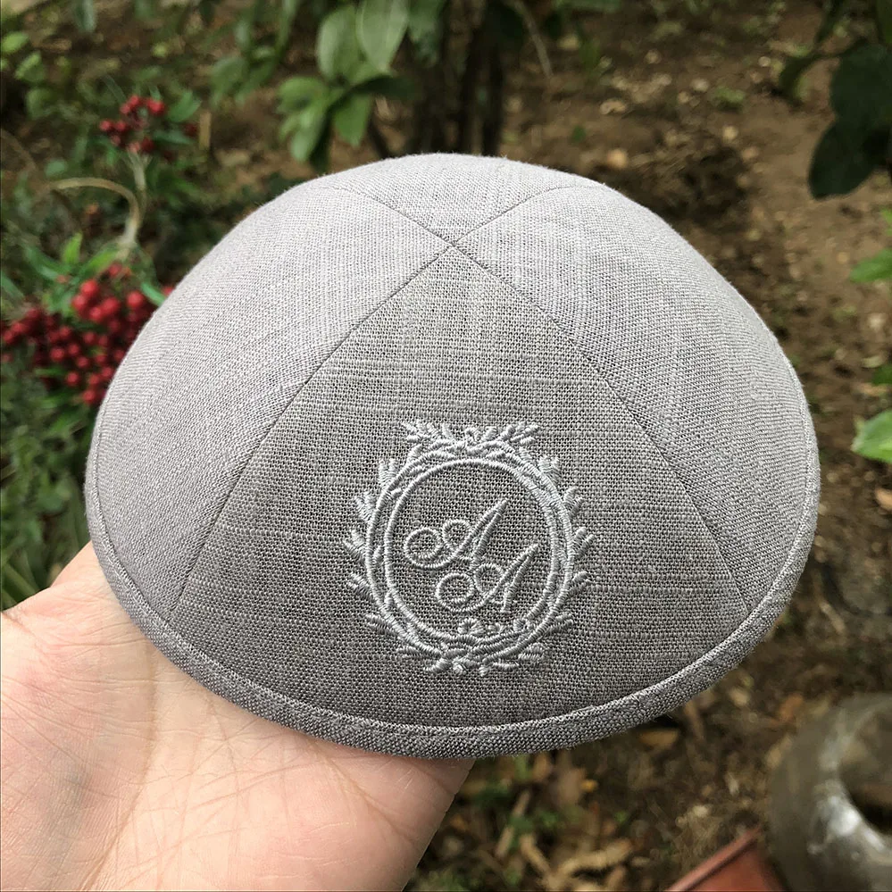 

PERSONALIZED DARK GREY LINEN KIPPAH WITH WHITE EMBROIDERY LOGO 21#
