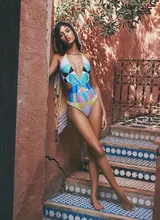 Owlprincess 2016 New Style High Waist Contrast Color Printed Swimsuit Sexy Deep V One Pieces Push Up Swimwear Monokini Bodysuit