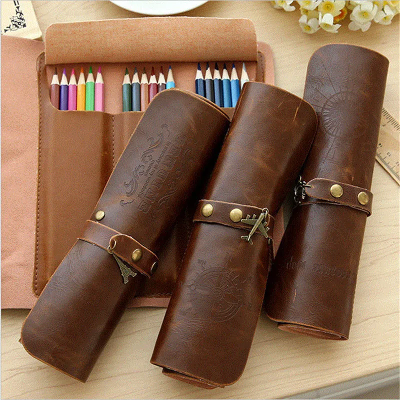 Vintage Pencil Bags Retro PU Stationery Roll Pencil Case Sketch Pencil