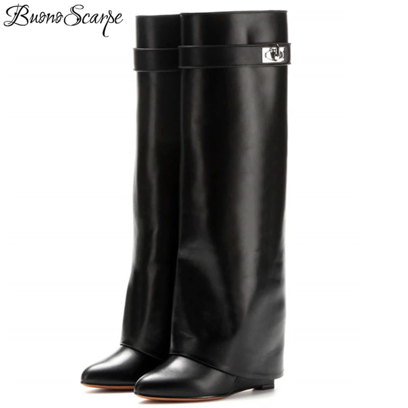 

Buono Scarpe Women Shark Lock Black Boots Genuine Leather Fold Long Boots Wedges High Heel Brand Designer Botas Mujer Chic 2019