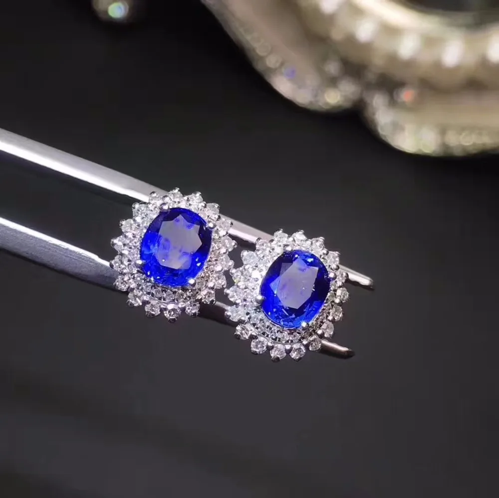 

Fine Jewelry Collection Real 18K White Gold AU750 100% Natural Blue Sapphire Gemstones Diamond Stud Earrings for Women