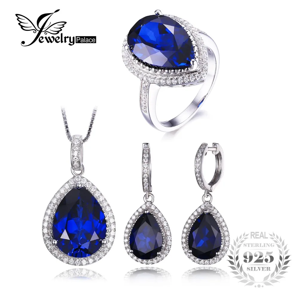 

JewelryPalace Luxury Pear Cut Created Sapphire Ring Pendant Necklace Earring Clip Jewelry Set Solid 925 Sterling Silver Jewelry