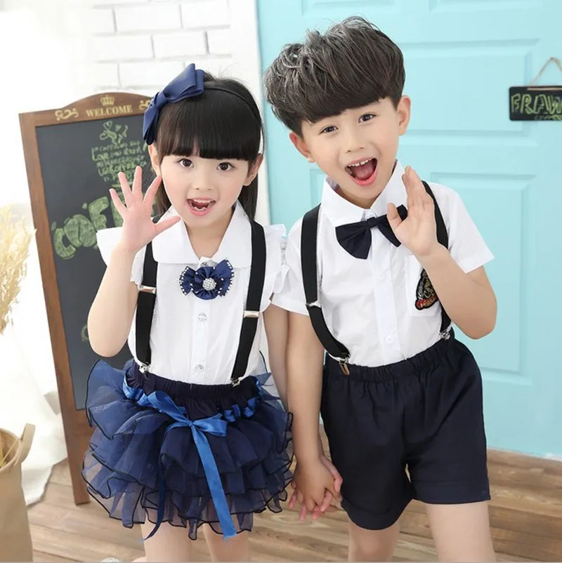 Модная школьная форма для маленьких мальчиков и девочек, комплекты детской одежды детские белые синие рубашки Многоуровневая юбка костюм Tutu комбинезоны