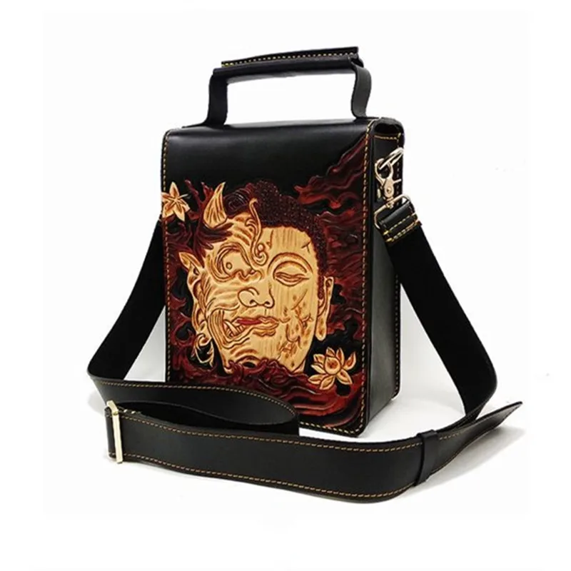 

Handmade Men Vegetable Tanned Leather Carvings Between Good and Evil Bag Money Holder Purse Pocket Man Clutches Envelope