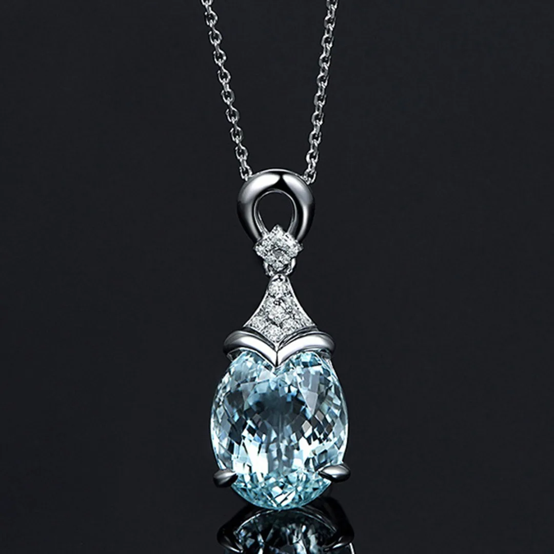 Women Charming Blue Crystal Rhinestone Chain Luxury Statement Water Drop Crystal Pendant Necklace Wedding Engagement Party Gift