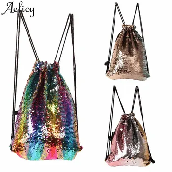 

Aelicy drawstring bags women men 2018 Roses Casual Double Color shiny Sequins Unisex Chest Bag Backpack Large Drawstring bag