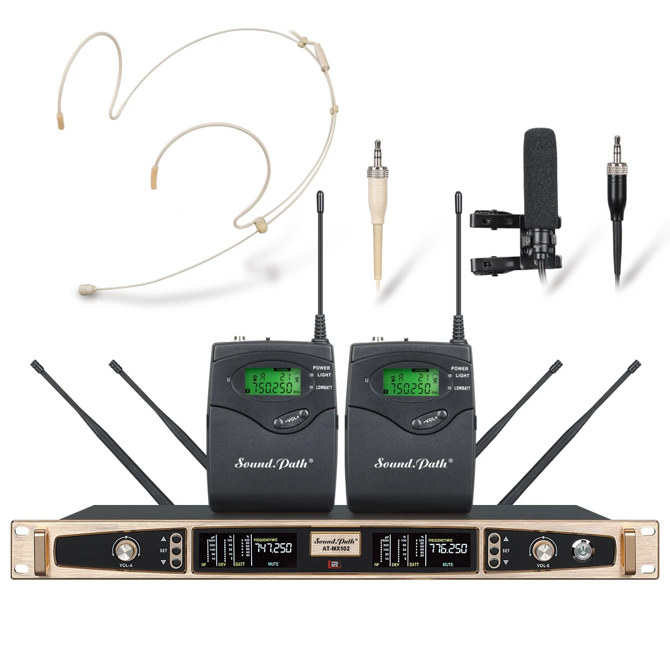 

SOUNDPATH true diversity pro wireless microphone system DJ stage karaoke 2 lavalier 2 headset with two bodypack MICROFON