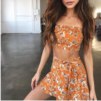 

Oufisun 2020 Summer New Sexy Casual Two Piece Set Strapless Crop Top Sleeveless Split 2 Piece Set Bohemian Printed Beach Sets