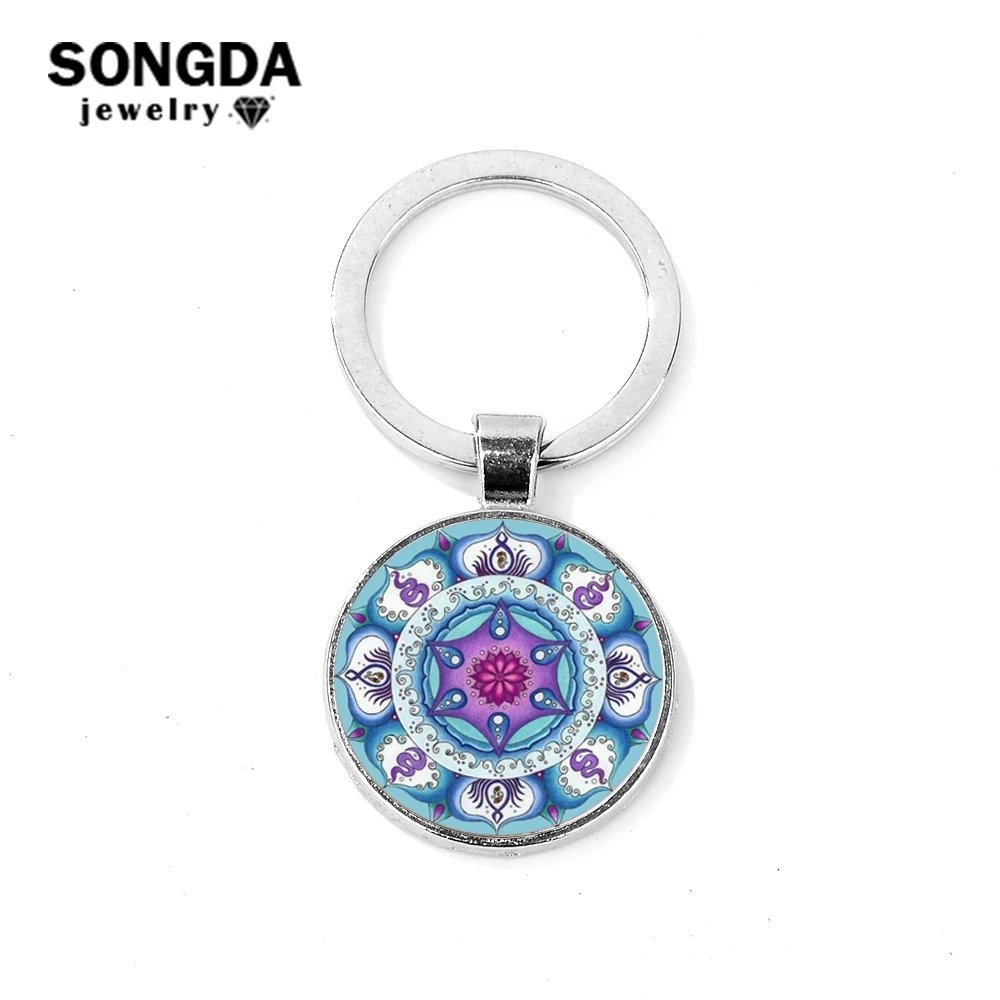 

SONGDA Chic Multicolor Mandala Key Ring OM Buddhist Zen Lotus Pattern Crystal Cabochon Pendant Keychain Souvenir for Yoga Lovers