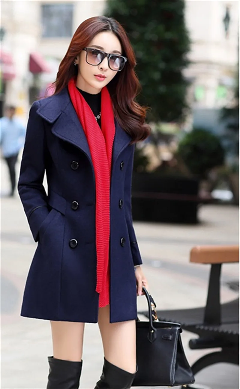Простое Шерстяное Пальто женское зимнее длинное двубортное шерстяное пальто большого размера шерстяное пальто весна осень элегантное дикое пальто-кардиган - Цвет: Navy
