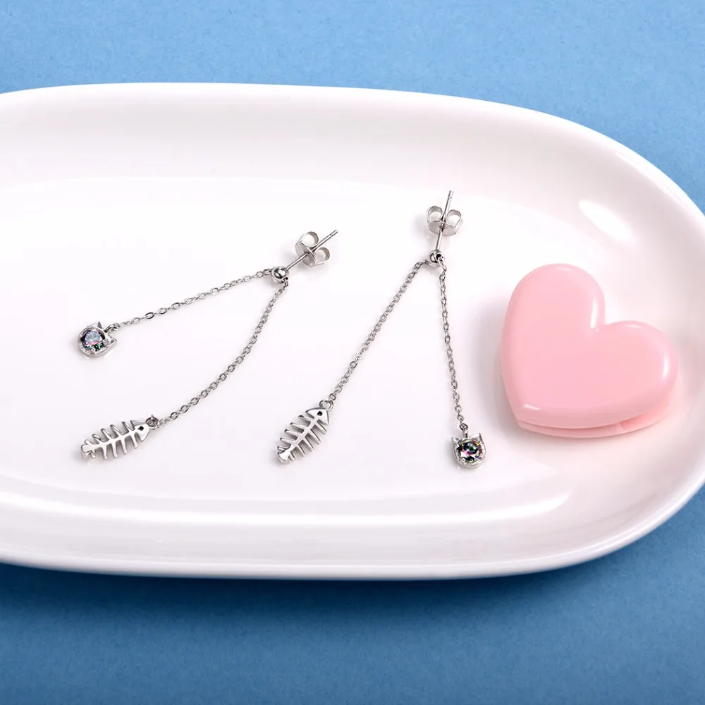SILVERCUTE 925 пробы серебряные кошачьи и рыбные кости длинные висячие серьги для