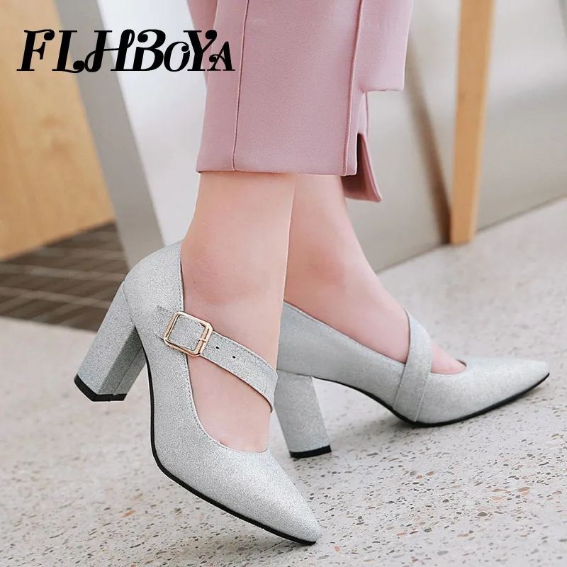 

2019 New Sexy High Square heels Women Pumps Pointed Toe Ladies Black Silver Elegant Buckle Strap Block Heels Mary Janes Shoes