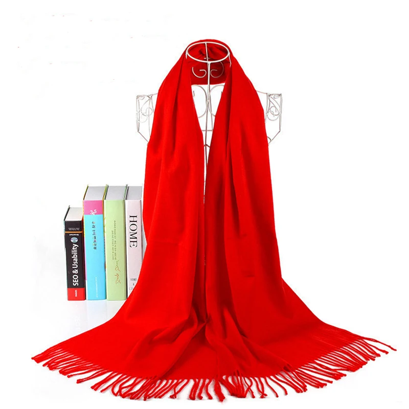 AudWhale палантин женский зимний кашемировый шарф для Для женщин однотонные красные кисточкой модная пашминовая шаль для Для женщин Женская зимняя обувь Теплые шарфы