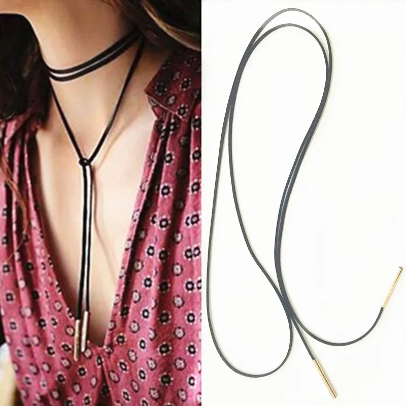 

Black Rope Chain Long Necklaces & Pendants for Women Kolye 2016 PU Leather Necklace Statement Collier Jewelry Collares 150cm