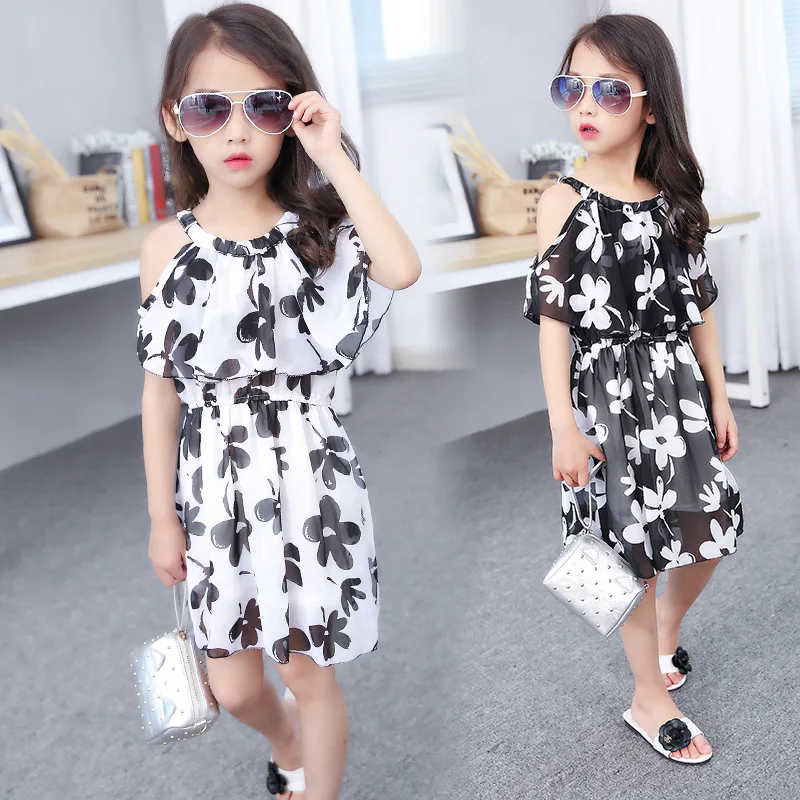

Summer Girl Dress Cotton Casual Children Clothing Girl sling chiffon princess dress Girl with black and white dress 4-12 years