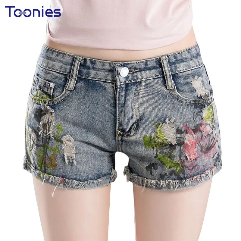 

Summer Hole Denim Shorts Female 2017 New Type Slim Spring Summer All-match Women's Short Denim Pants Painting Plants Hot Sale