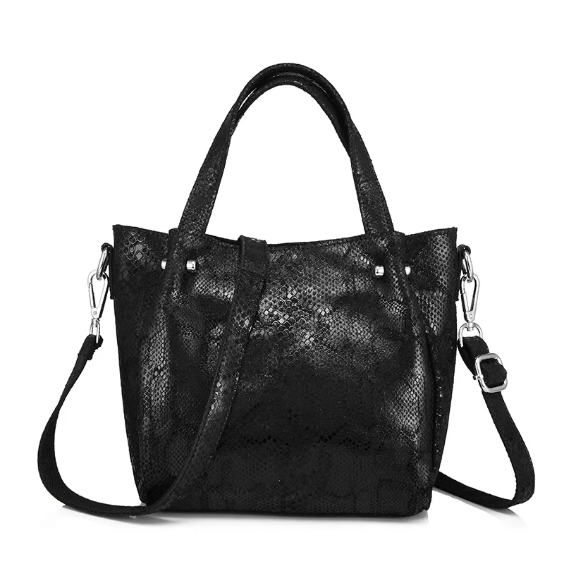 REALER, сумки-мессенджеры, женские сумки из натуральной кожи, женские сумки через плечо, сумки через плечо, сумки с змеиным принтом, женская сумка с верхней ручкой - Цвет: Черный