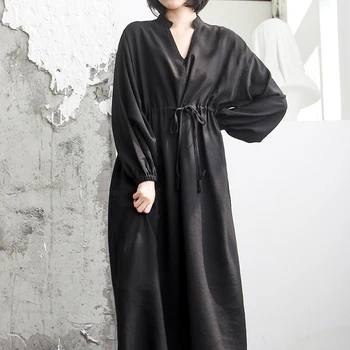 

2019 Spring and Summer Elegant Women Dress High Street A-Line V Collar Dress Sashes Lantern Sleeve Solid Dress