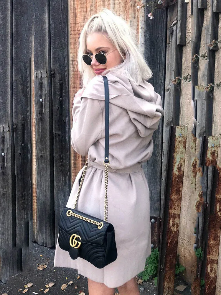 Solid Casual Autumn Trench Coat For Women Plus Size New Elegant Sexy European Fashion Full Trend Polish Slim Turn-down Collar