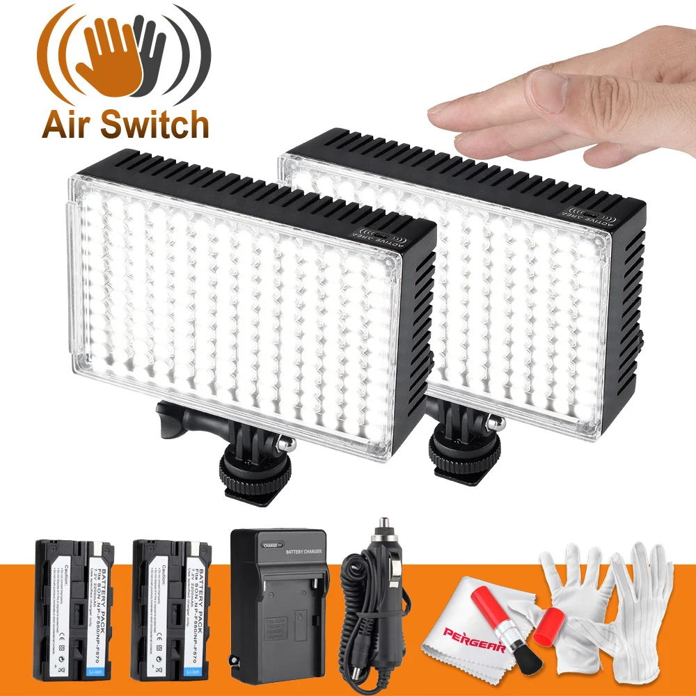 

Pergear 216 LED Video Studio Photo Light Air Switch On Camera Sensor Light Adjustable Bi-color 3200K-5500K +2 Batteries+Charger
