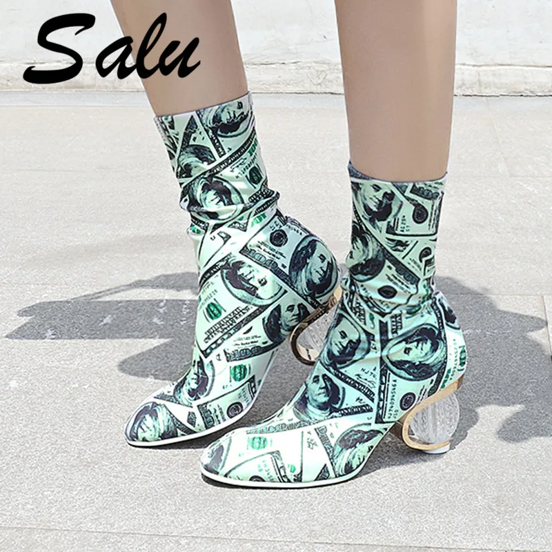 

Salu 2019 Fashion Crystal Stretch Fabric Sock Boots Pointy Toe Mid-calf Boots Strange Heel Pointed Toe Woman Boots