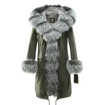 

Womens winter long parkas coat jacket fox fur collar detachable rabbit fur liner hooded black gray brown silver 18016