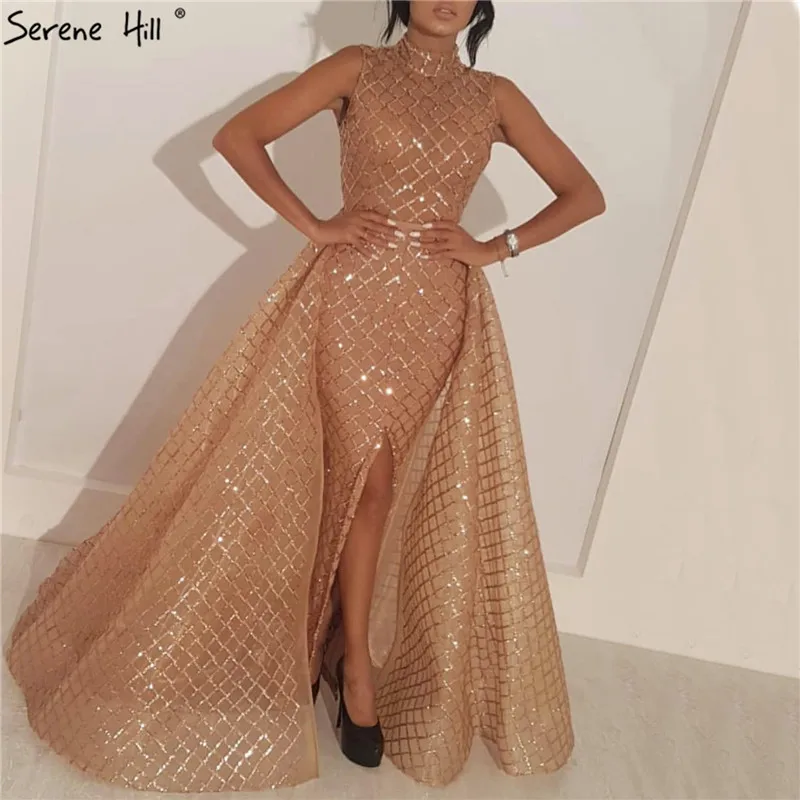 

2019 Gold Luxury Sparkly Sequined Evening Dresses Sleeveless Tulle Sexy Vintage Evening Party Dress Serene Hill LA6247