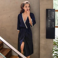 Повседневный комплект-двойка, комплект халатов, темно-синее кимоно, банное платье, Женское ночное платье, атласная Ночная одежда с цветочным принтом, домашняя одежда, интимное белье, M-XL