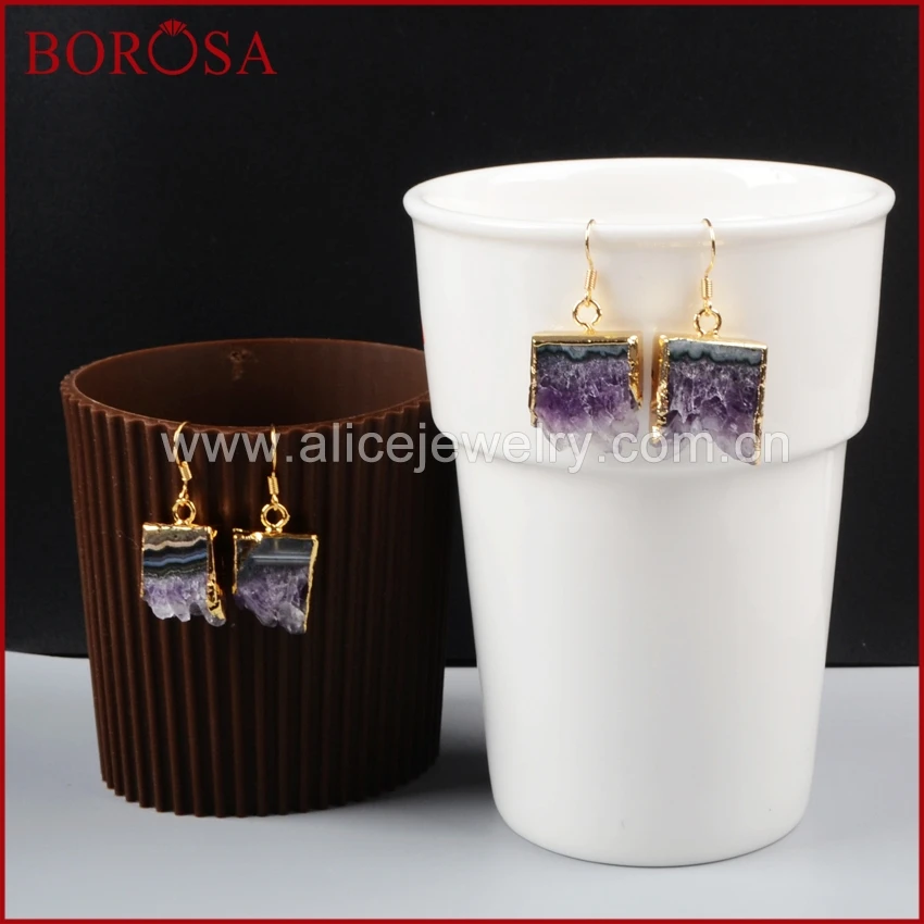 BOROSA Drusy Висячие серьги для женщин золотой цвет Натуральный Необработанный Фиолетовый Кристалл Друза кусочек натуральные аметисты висячие серьги WX014