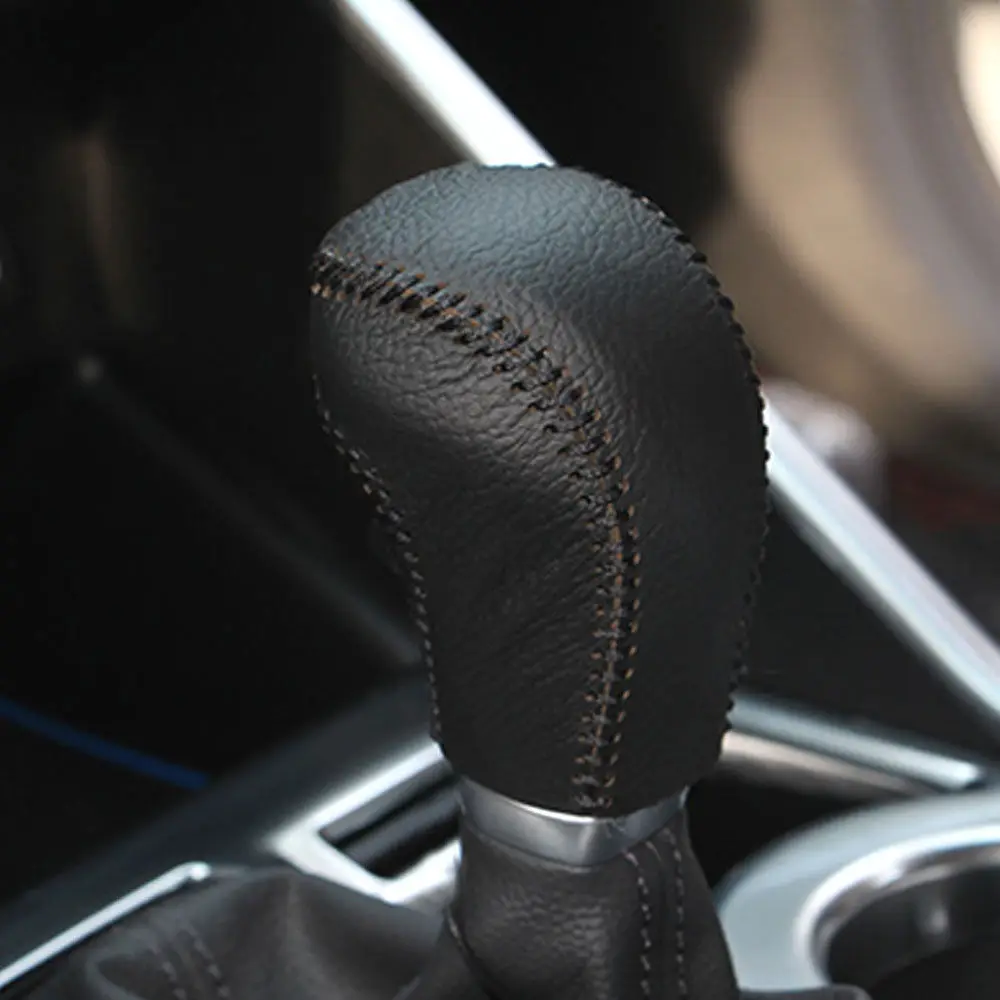 

BBQ@FUKA Car Gear Shifter Lever Knob Stitch Black PU Leather Trim For Hyundai Tucson 2015+