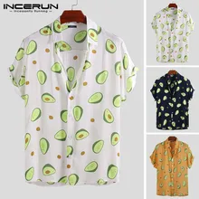 INCERUN Летняя мужская рубашка с принтом авокадо, короткий рукав, уличная одежда на пуговицах, повседневные топы, дышащие пляжные Гавайские рубашки для мужчин