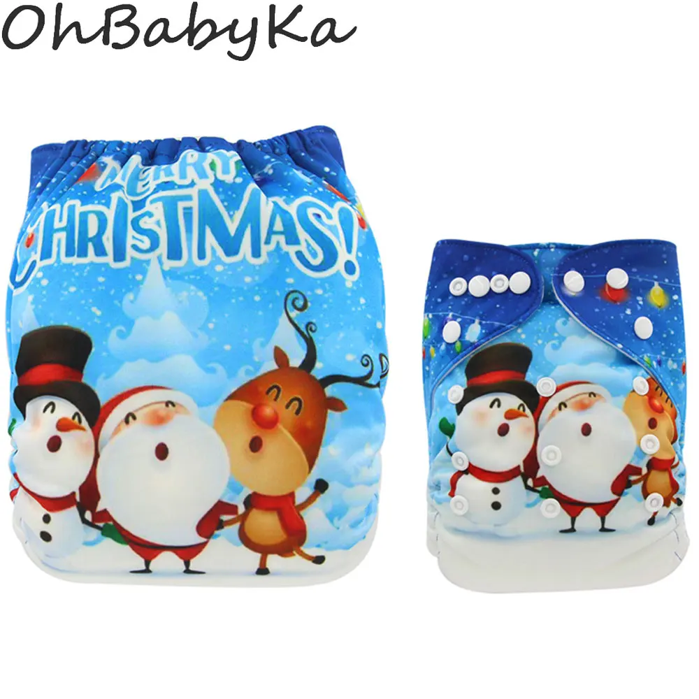 Ohbabyka Baby Suede Cloth Diaper Christmas Snowmen Position Print Pocket Diaper Nappies One Size