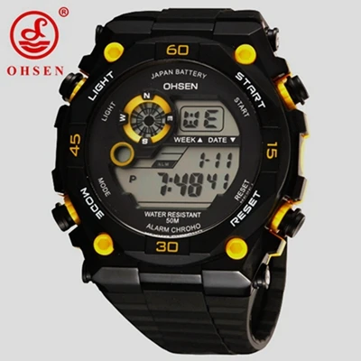 Новинка года Ohsen цифровой бренд ЖК-дисплей для мальчиков мужские наручные часы резиновый ремешок будильник Дата черный Открытый Дайвинг спортивные часы для мужчин подарки - Цвет: Цвет: желтый