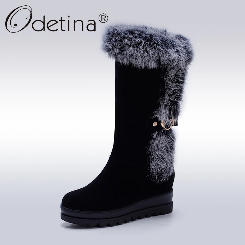 Achat Odetina 2018 Fait Main Femmes Augmentation de la Hauteur De Fourrure Neige Bottes avec Chaud En Peluche Plate Forme Mi mollet En Daim Dames D hiver Bottes Non slip