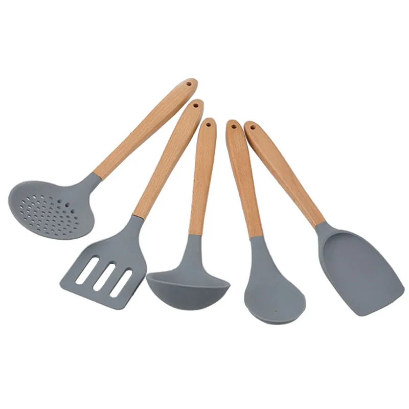 Cooking Utensils 5 Pcs Kitchen Tools Set Dark Gray Silicone&Beech Wood