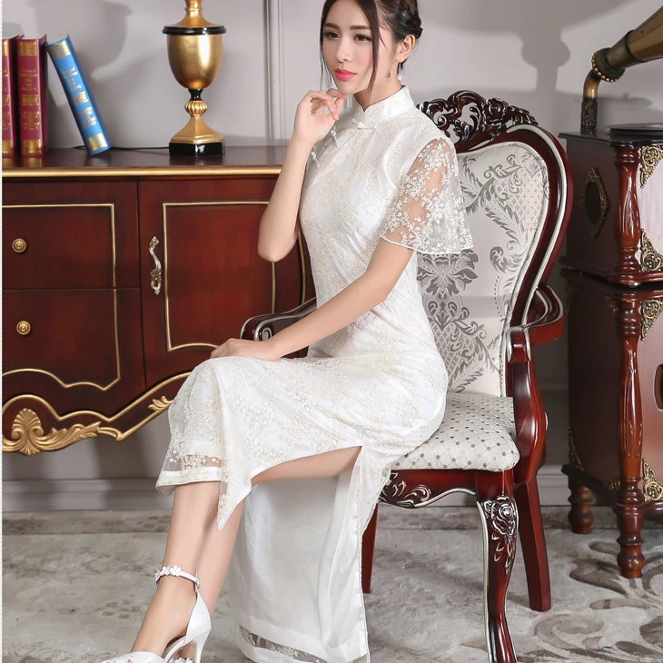 Lace Cheongsam 2017 women autumn summer bohemian elegant long mandarin collar white lace handmade frog dress gown long-white-lace-dress : image Lace Cheongsam 2017 women autumn summer bohemian elegant long mandarin collar white lace handmade frog dress gown long-white-lace-dress