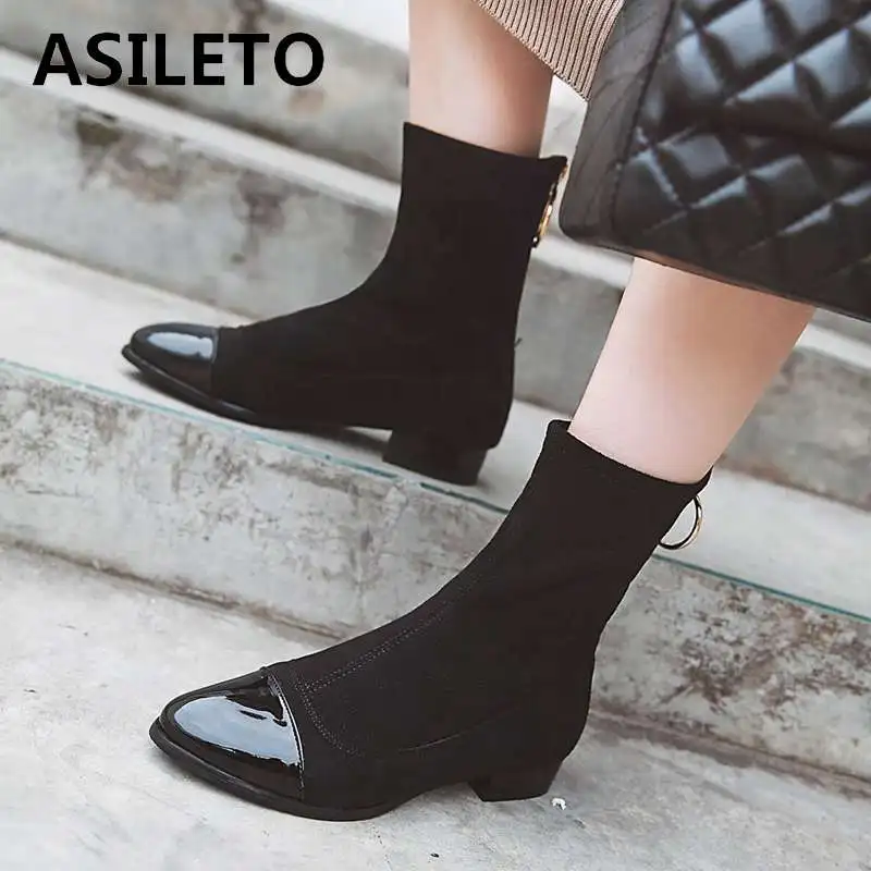 

ASILETO big size 45 46 Stretch fabric ankle boots pointed toe zipper low heels shoes woman winter sock boots patchwork booties
