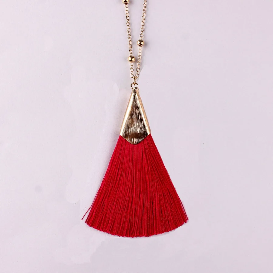 Бохо ожерелье с шелковой кисточкой шикарный золотой сплав бахрома 80 см длинная шариковая цепь массивное ожерелье для женщин девушек - Окраска металла: Hot Pink
