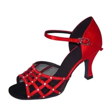 Лидер продаж, красные, черные стильные туфли для латинских танцев на высоком каблуке 4,5-10 см, на платформе, с открытым кружевом, для женщин, JYG895