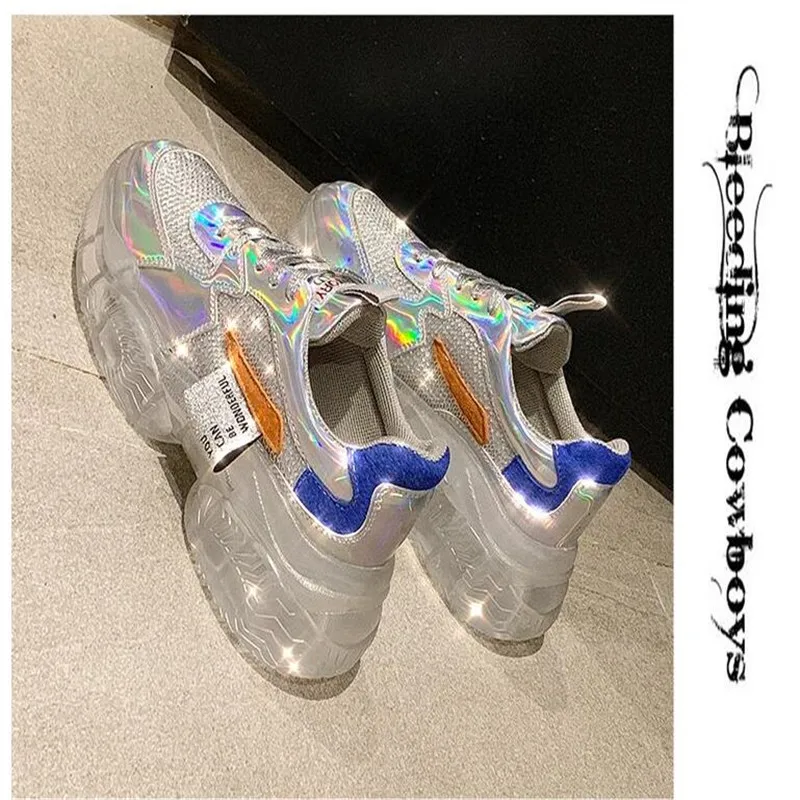Брендовые весенние трендовые женские прозрачные кроссовки Harajuku, женская обувь на платформе, лазерная прозрачная повседневная обувь, блестящая обувь, обувь для бега