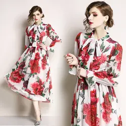 2018 Новый Для женщин осень с принтом розы платье макси Femme элегантные модные с расклешенными рукавами богемное пляжное шифоновое платье K66033