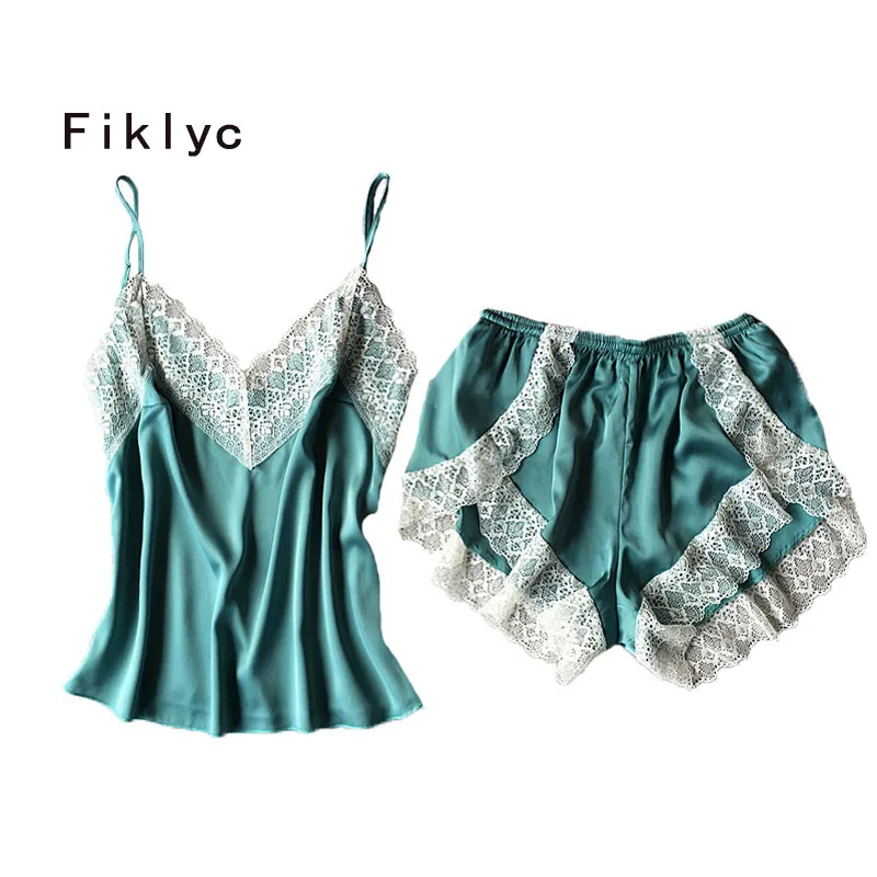 

Fiklyc brand summer women's short pants pajamas sets satin & lace patchwork high grade luxury pijamas sets nighties 2019 NEW