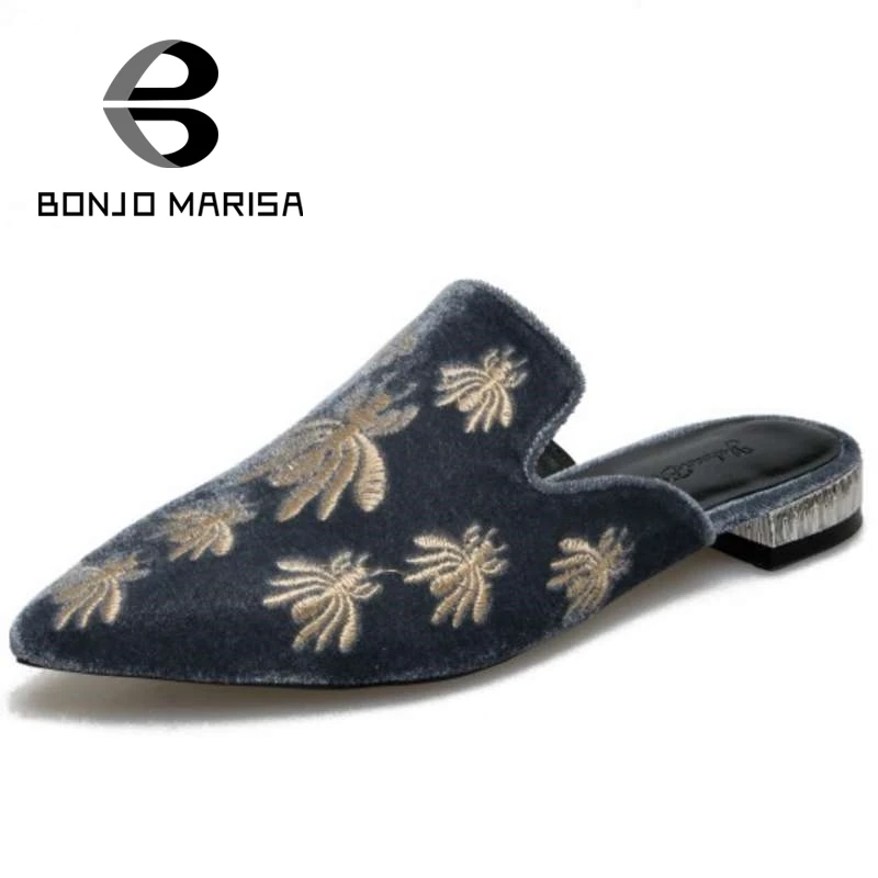 

BONJOMARISA Fashion Women Animal Embroider Summer Shoes Woman Chunky Heel Sandals Slip On Pointed Toe Less Platform Sandals