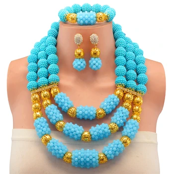 

Lake Blue Gold African Beads Imitation Pearls Jewelry Set Sale Three Layered Balls Beads Nigerian Costume Wedding Jewelry