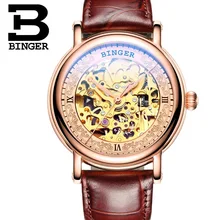 Настоящая Швейцария BINGER Брендовые мужские автоматические механические сапфировые часы с кожаным ремешком 18 К электролитические золотые полые
